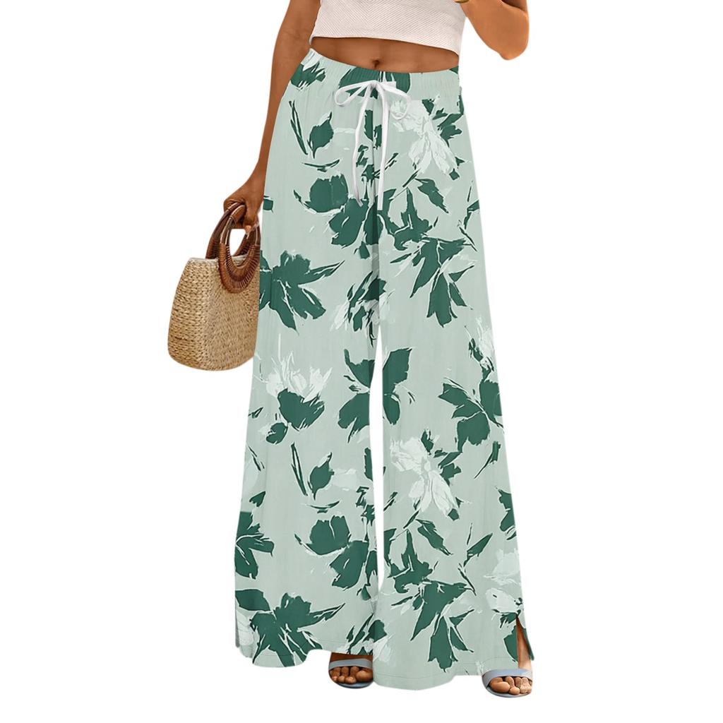 Women's Casual Wide Leg Pants Stretch Belt Pocket Floral Print Adjustable Tie Pants