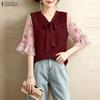 ZANZEA Women Casual V-Neck Floral Print Splice 3/4 Sleeve Loose Blouse