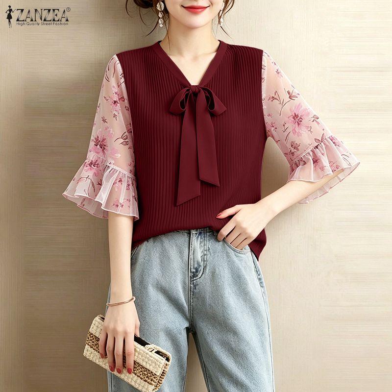 ZANZEA Women Casual V-Neck Floral Print Splice 3/4 Sleeve Loose Blouse