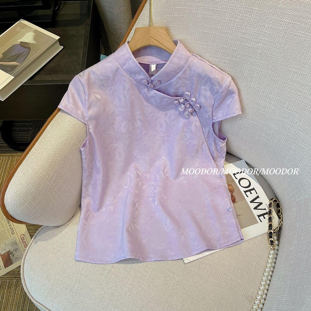 2025 summer summer top acetate purple improved cheongsam top women's short-sleeved shirt