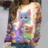 Flowers Cat  Long Sleeves Women Colorful Animal 3D Clothing  Tops O-Neck Cotton Clothes T-Shirt