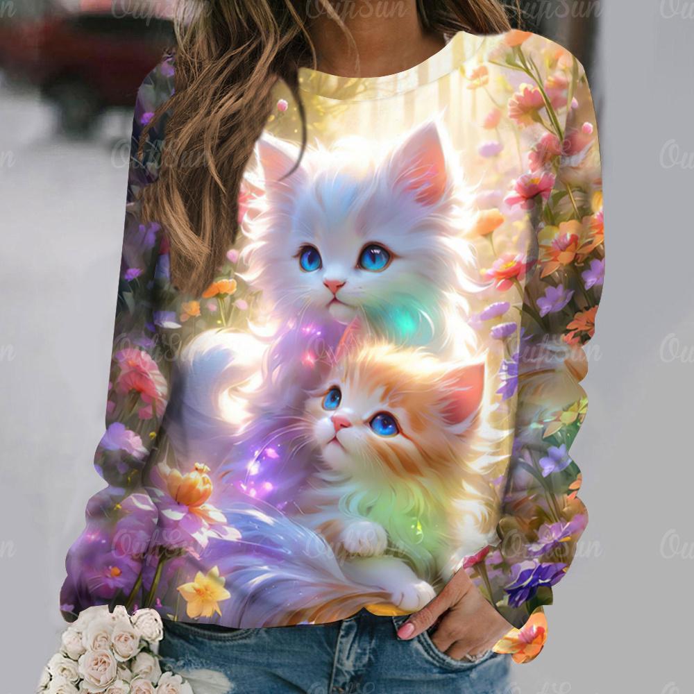 Flowers Cat  Long Sleeves Women Colorful Animal 3D Clothing  Tops O-Neck Cotton Clothes T-Shirt