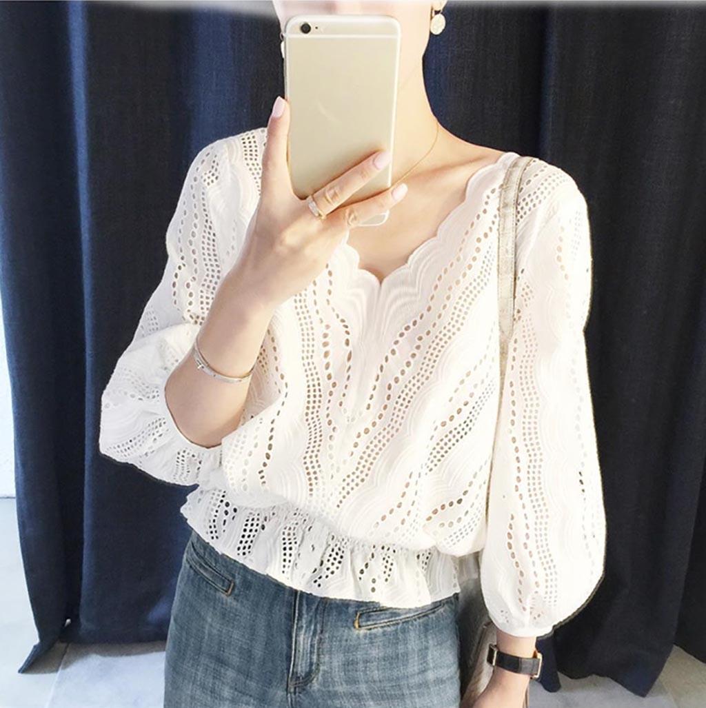 

Модные женские дамы свободные с длинным рукавом и v-образным вырезом, кружевные цвета, блузка