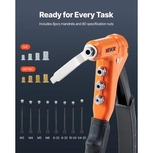 VEVOR Rivet Nut Tool Kit, 230 Mm One-Handed Rivnut Tool Kit, with 8 Mandrels, a Step Drill Bit and 80 Nuts, Metric and SAE Size M3, M4, M5, M6, 6-32