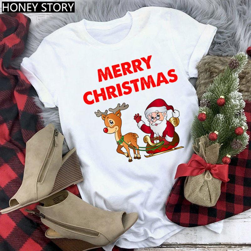 Kawaii Cartoon Merry Christmas Tree Graphics Women T-Shirts 90S Summer Short Sleeves Loose Round Neck Female Y2K Tops