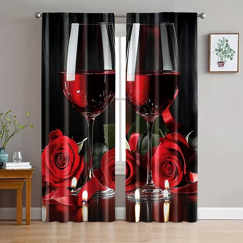 

2 Pcs Red wine glass print curtains,suitable for bedroom,living room kitchen decoration,home decoration,window decoration 14Wx39L(35x100CM)x2&Rod Pocket