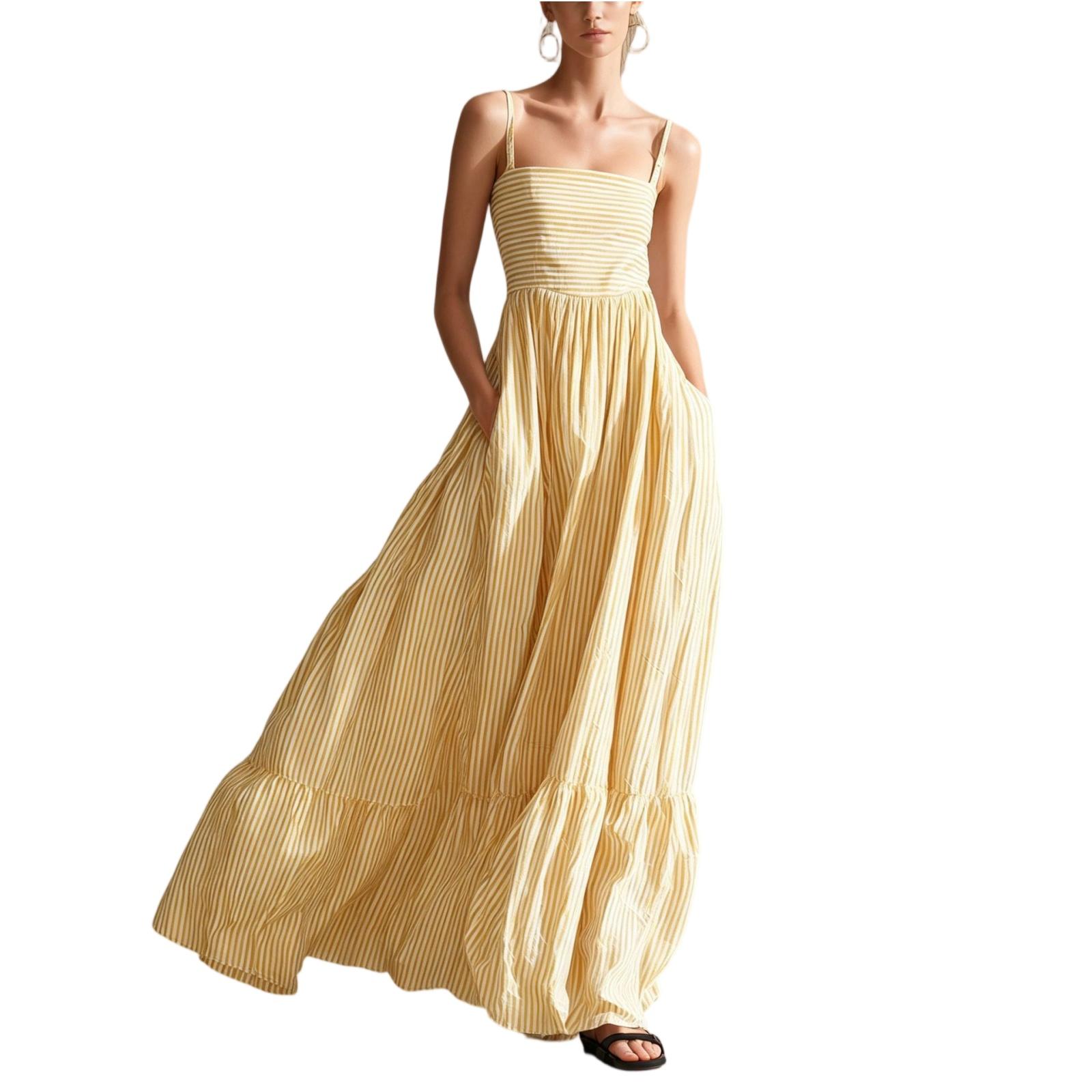 

Ladies Casual Striped Sleeveless Slim Shoulder Strap Long Dress S жовтий
