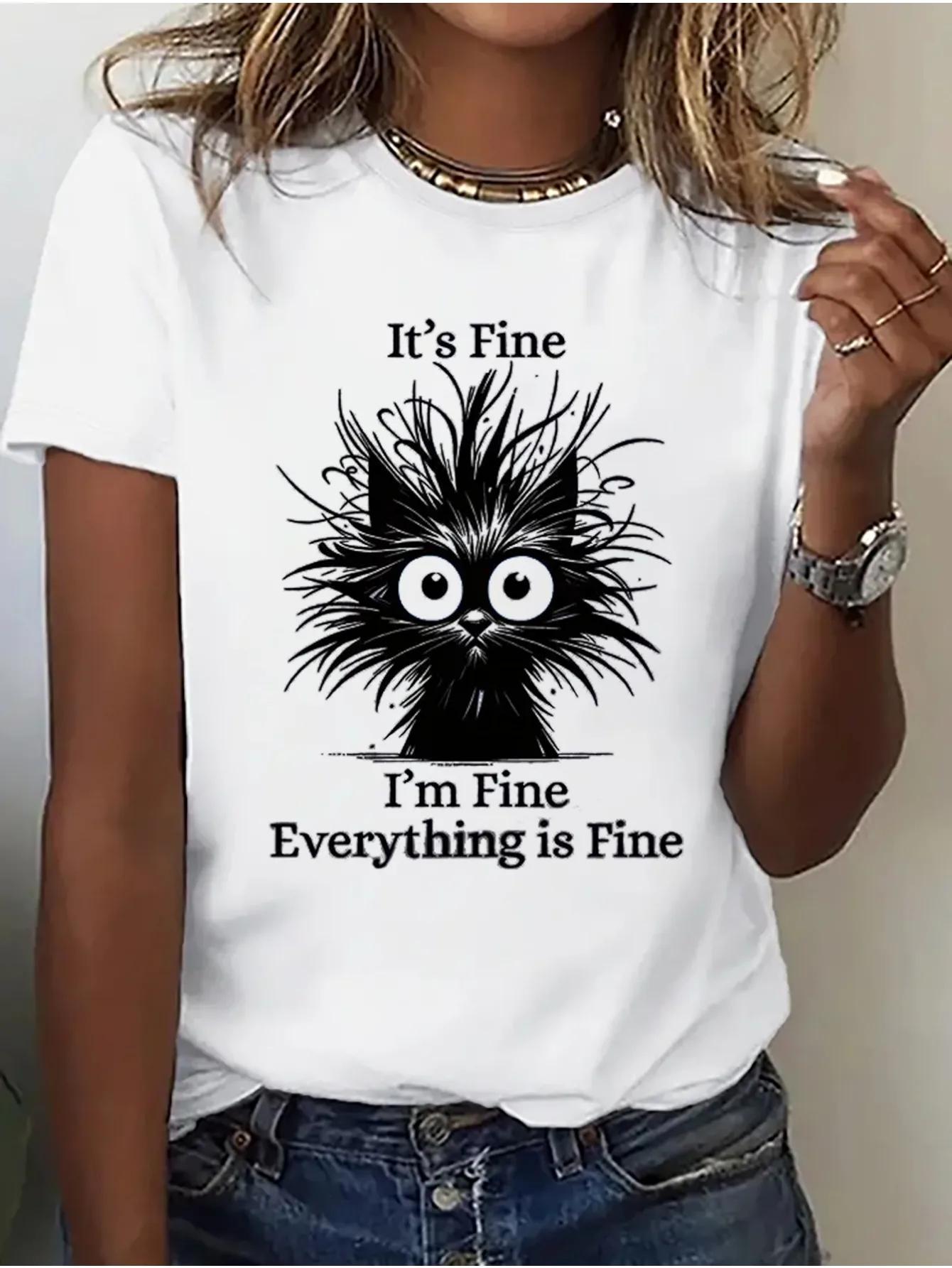 

Fashion I Am Fine Sarcastic Cat Print Short Sleeve Printed T Shirt Clothing Womens TShirt Clothing FeUnisex Top Tee S