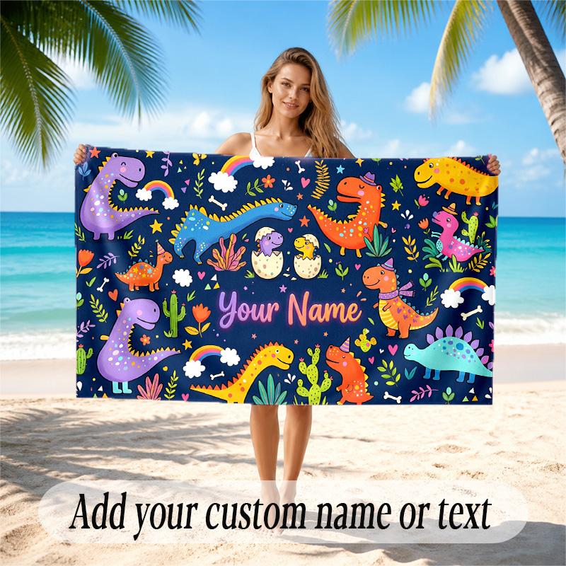 Dinosaur Theme Quick Dry Beach Towel Custom Name Text Print Large Sand Resistant Towel Beach Vacation
