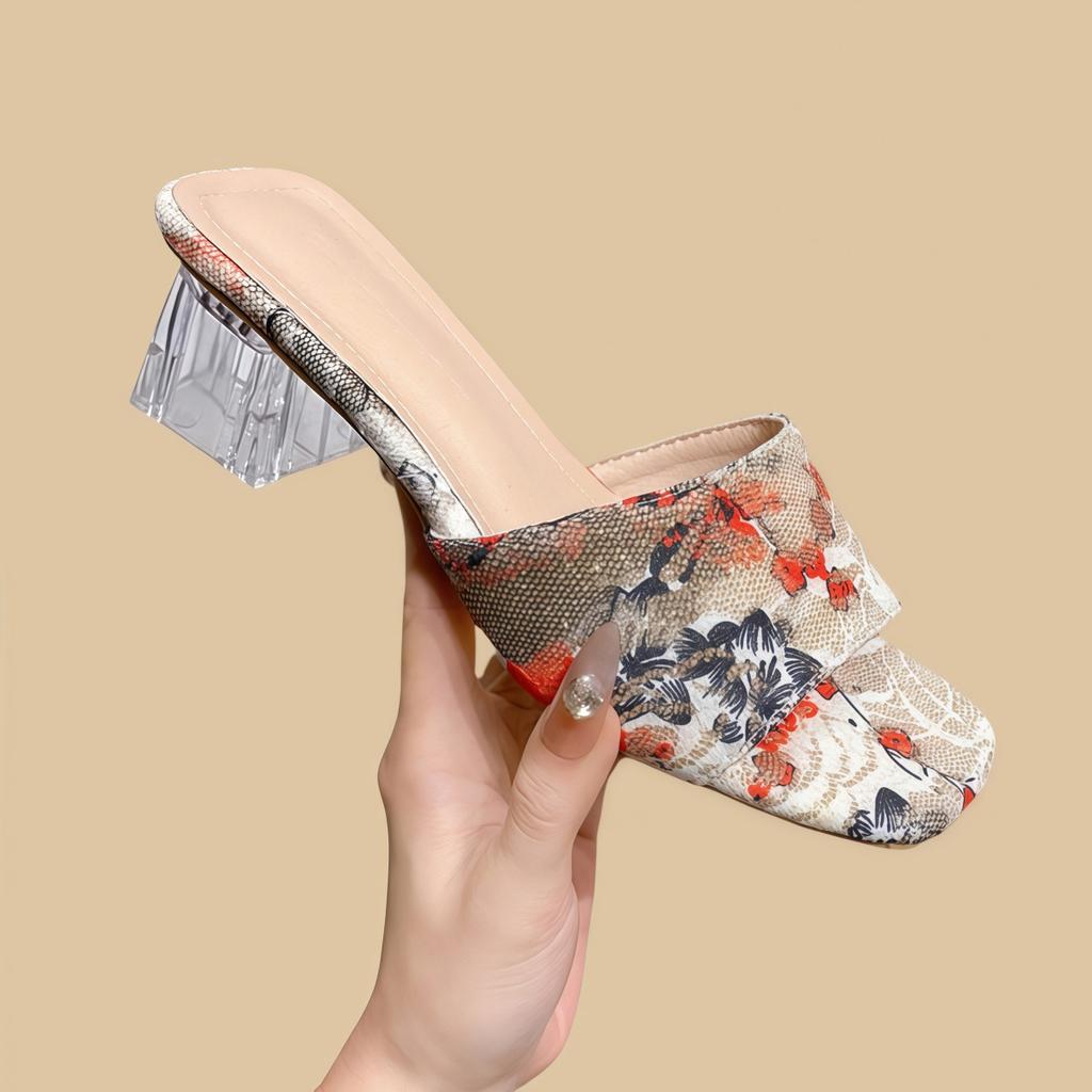 Fashion Retro National Style Trend High Heels Women Slippers Shoes Chunky Sandals Woman Summer Open Toe Flip FlopTransparent Fad Slides