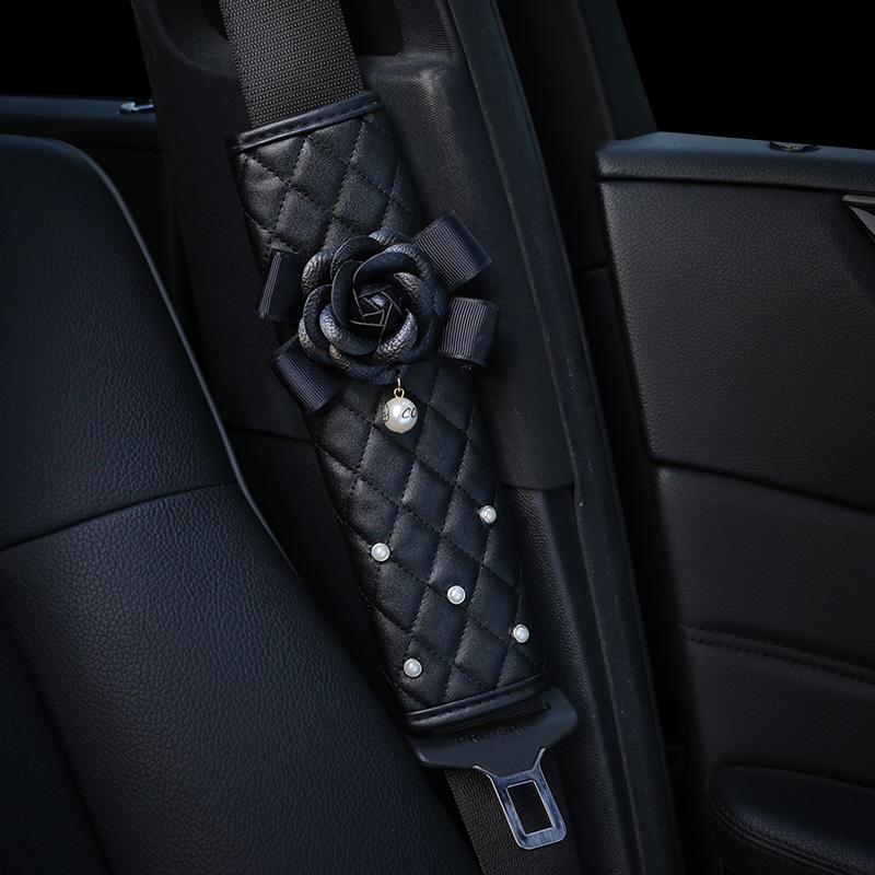 Creative Pearl Camellia Flower Car Safety Seat Belt Cover Shoulder Pad Car Styling Women Auto Seatbelt Gear Shift Covers