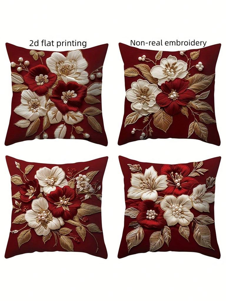 1 Stück Feder Weinrot Blume Kissenbezug Polyester 2D Doppelseitiger Druck Sofakissenhülle Geschenk für Wohnzimmer Schlafzimmer Heimdeko