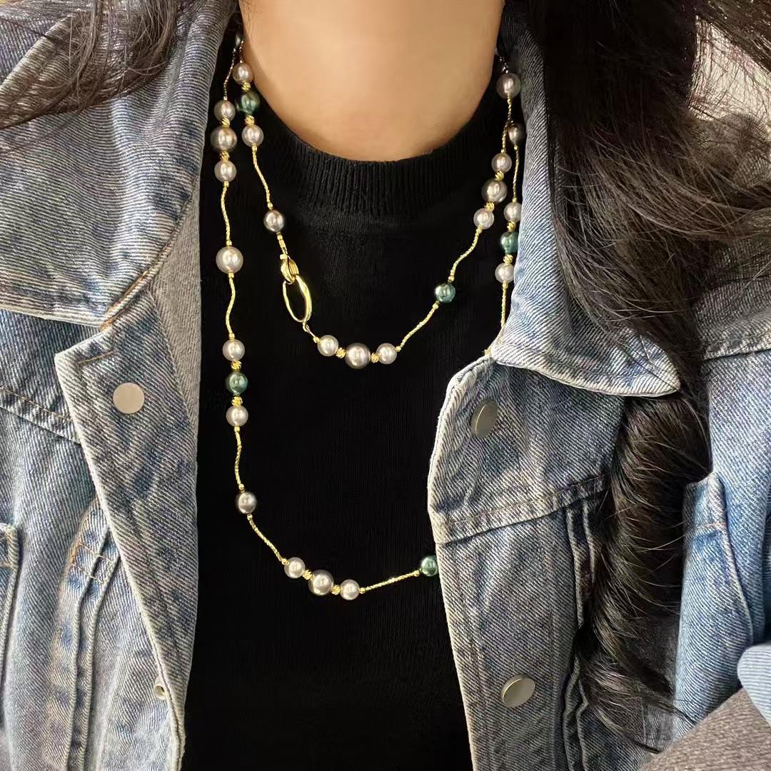 

Complex Strong Light Morandi Round High Quality Artificial Crystal Pearl Sweater Chain Necklace Collarbone Chain
