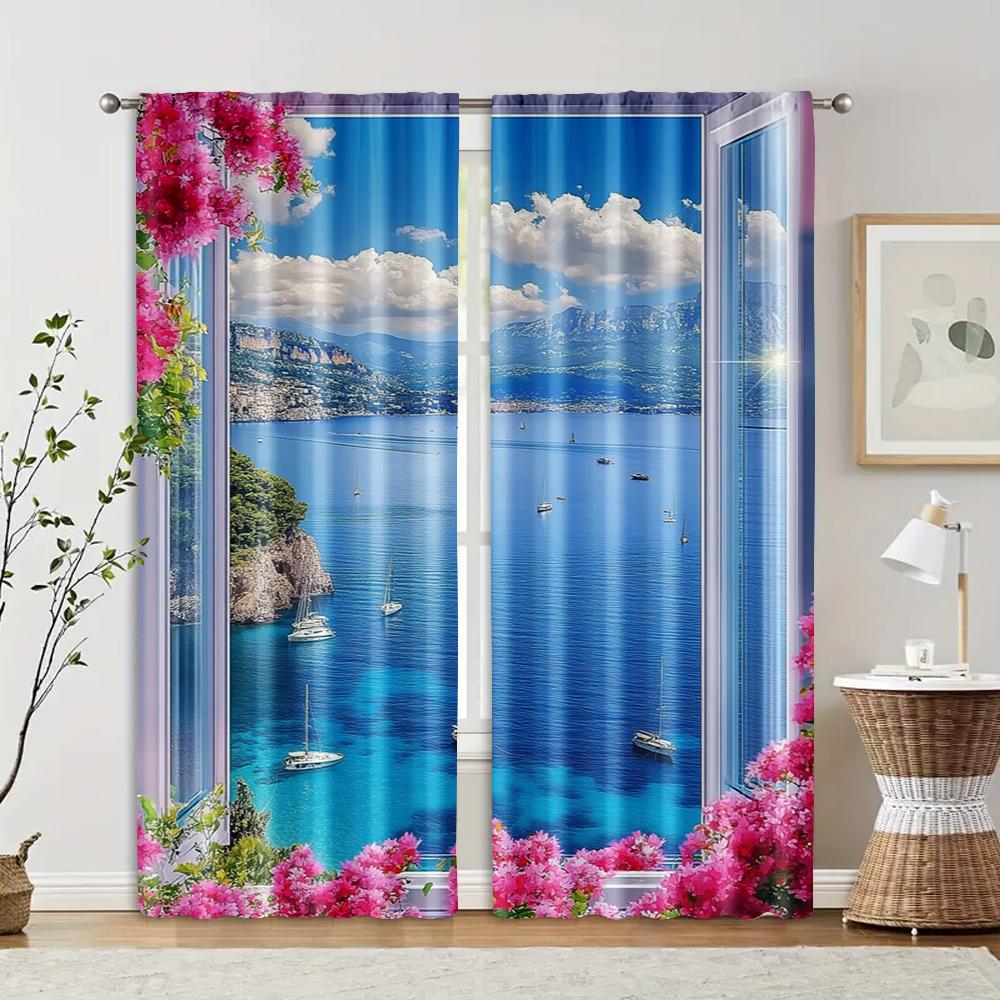 2pcs   Print Curtains Sea View Machine Washable Fabric (without Rod) Versatile All Perfect for Room   Kitchen   Study   Bedroom