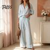 Long Sleeve Shirt Set Women Loose Casual Pants Set, Button Down Collar & Wide Fit Leg Pants, Solid Color Matching Two Piece Outfits for Fall