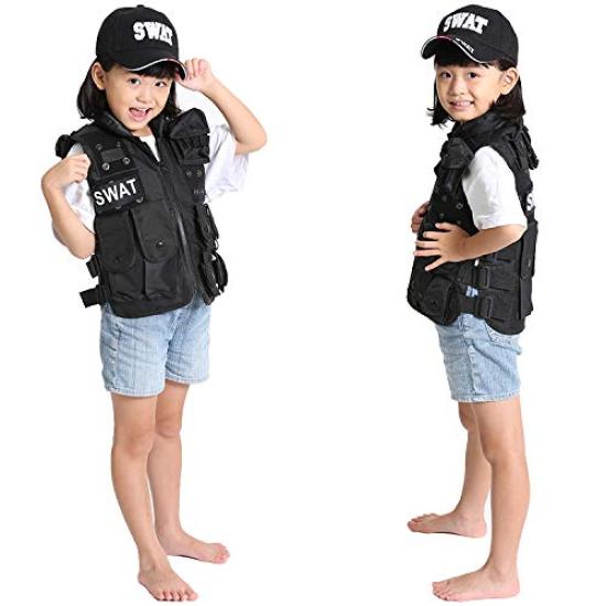 Halloween Costume Cosplay SWAT Kids Vest Hat Men Costume Police Tactical Vest Military Army Cap (Vest + Hat) 2-Piece Set Unisex Barsado