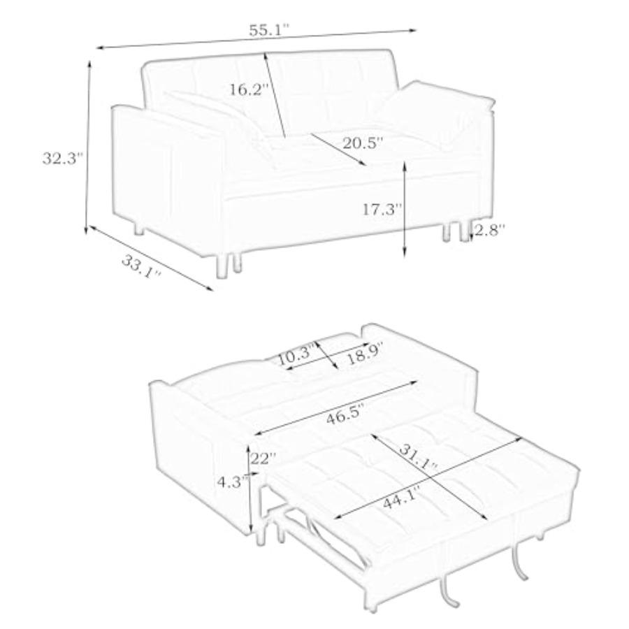 3 in 1 Convertible Sofa Bed, Modern Velvet Loveseat Sleeper Sofa Bed with Adjustable Backrest, Storage Pockets and Pillows, Sui