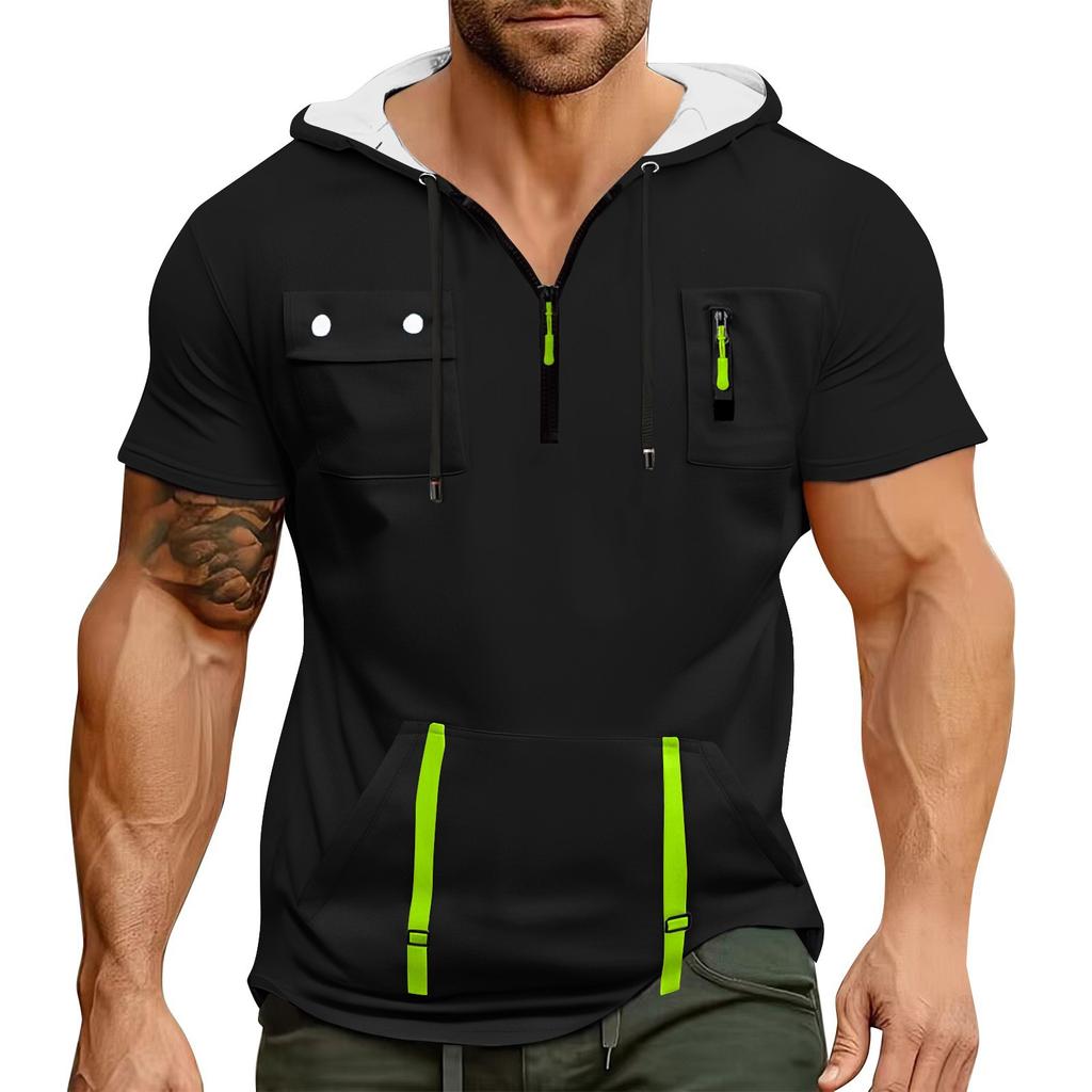 Men's Summer Shirt Zipper Pocket Short Sleeve Hooded Sweatshirt Men's Sports Large Size Casual Sweatshirt
