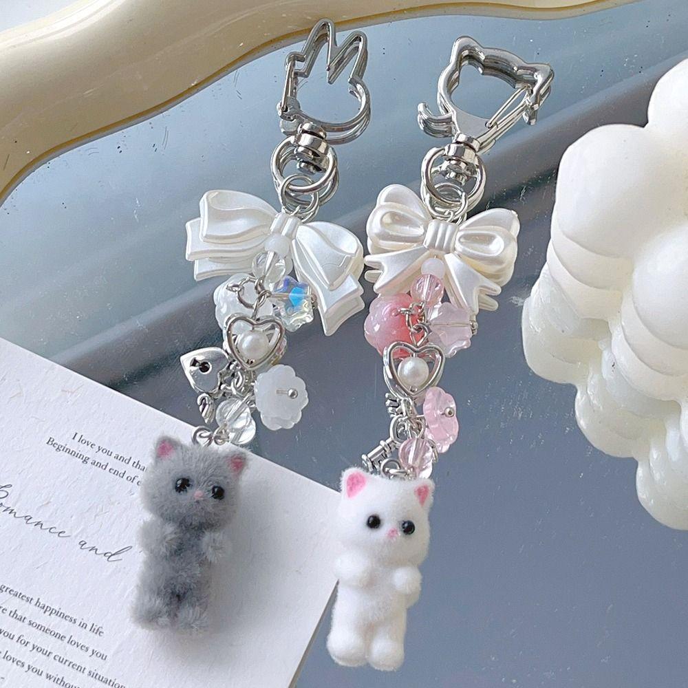 Bag Pendant Cat Bow Keychain Flocking Cat Y2k Bowknot Keyring Furry Kitten Keychain  Women Girls