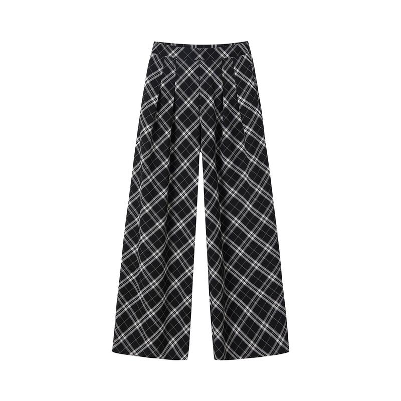 JUZUI Retro Plaid Wide-Leg Casual Pants