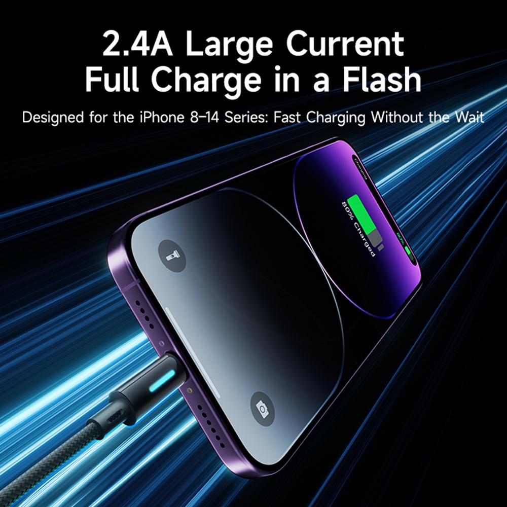 BASEUS Lit 2m USB To iP 2.4A Fast Charging Cable Data Cord with Dynamic Flowing Light