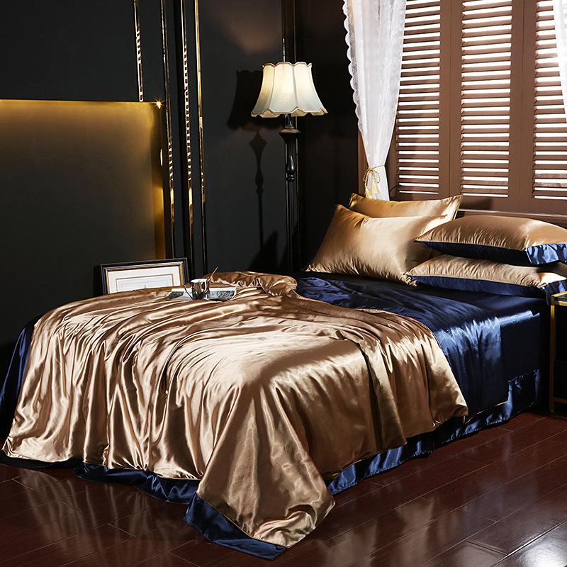 European Solid Color Mulberry Silk Bedding Sets Ice Silk Satin Cooling Bedclothes High Quality Skin-Friendly Smooth Duvet Kit