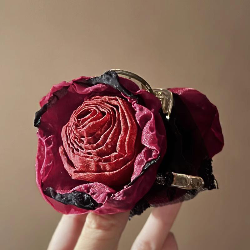 

New Fabric Grab Clip Hair Rose Retro Mesh High-end Accessory Burnt Edge Flower Head