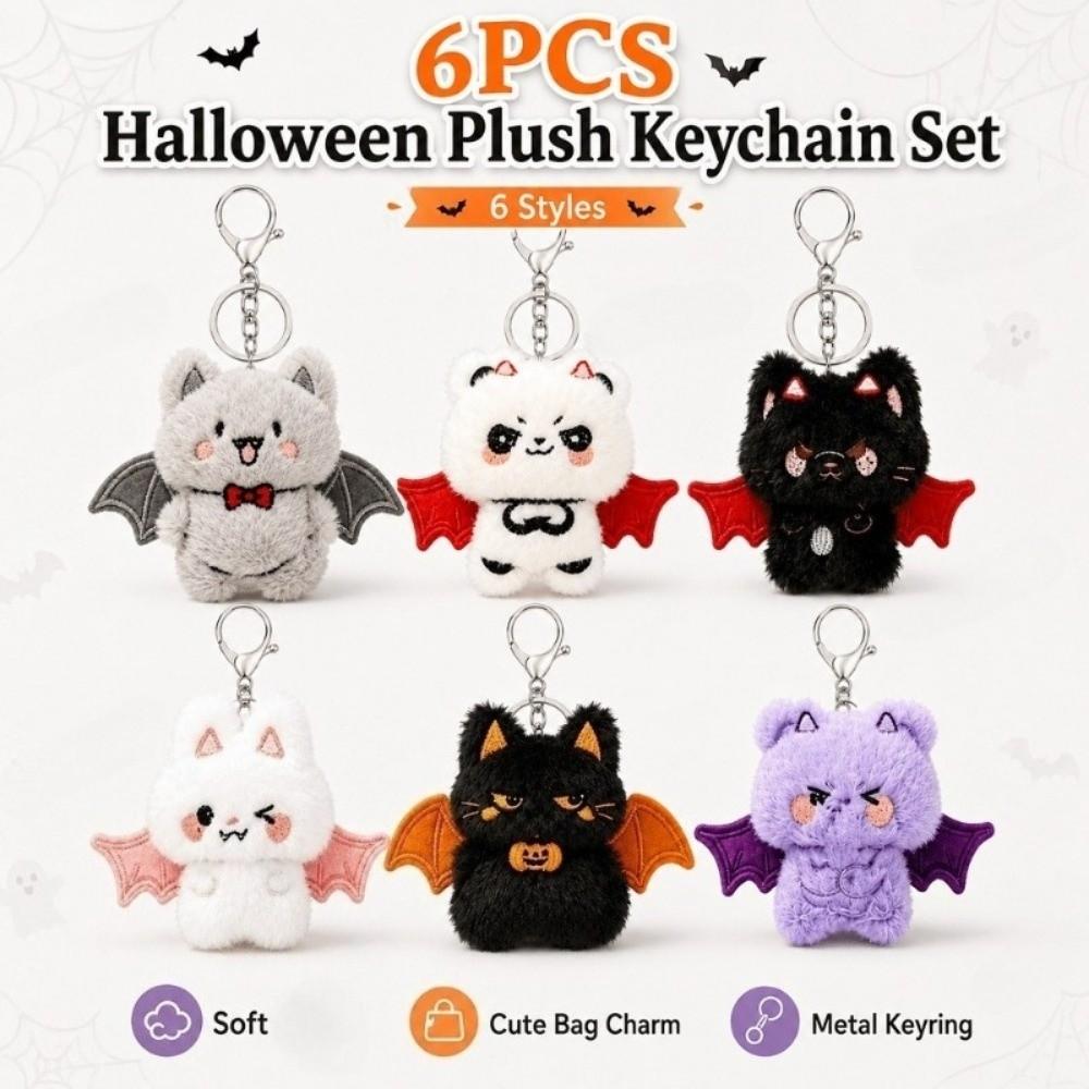 6pcs Cartoon Plush Bat Key Chain Kawaii Bag Charms Stuffed Animal Doll Car Keys Decoration