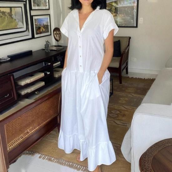 Dámské letní šaty s klopou a krátkým rukávem, jednobarevné, ležérní dlouhé šaty