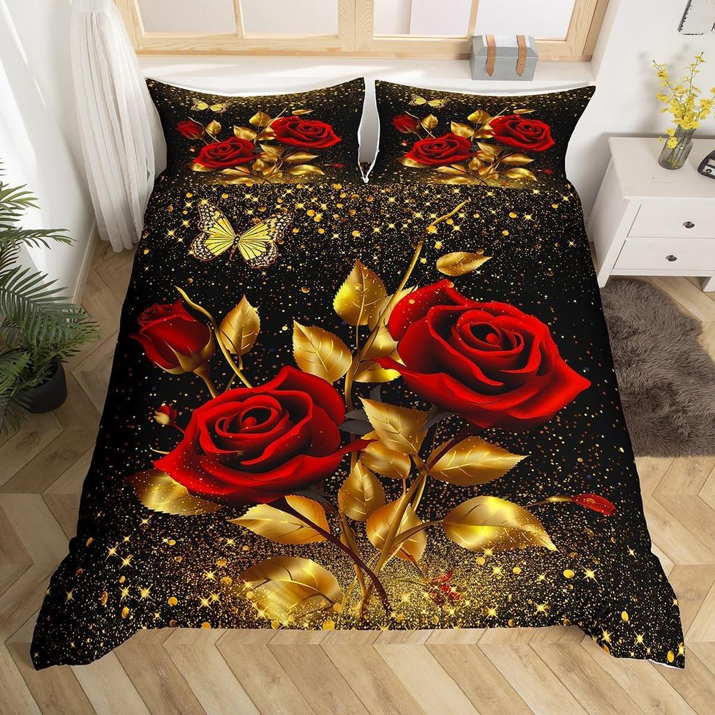 3D Design Flowers Duvet Cover Sets Bed Linens Bedding Set Quilt/Comforter Covers Pillowcases 220x240 Size Black Home Texitle
