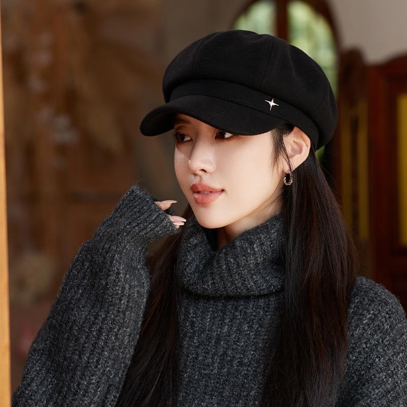 Autumn and Winter New Hat Women's High-end Sense Four-pointed Star Metal Standard Octagonal Hat Showing Face Small Newsboy Hat