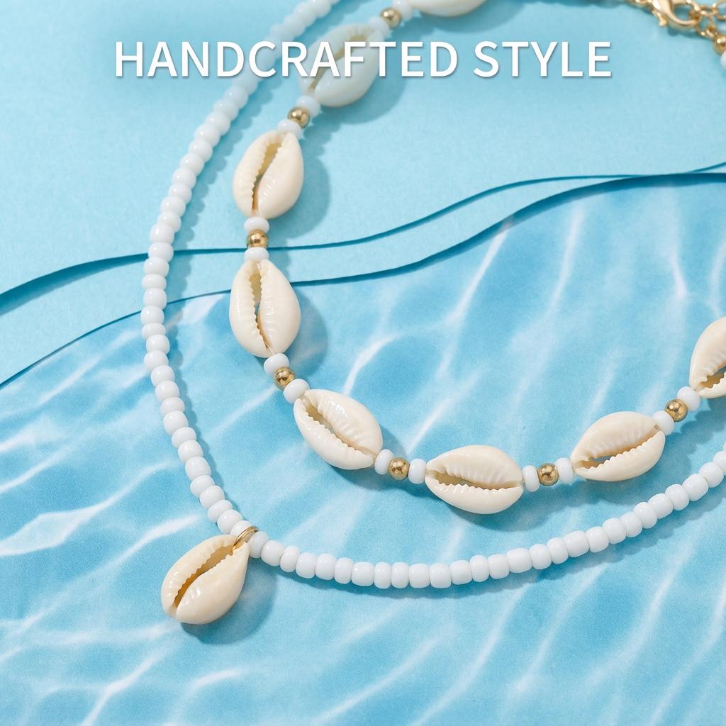 Collane Bohemien a Doppio Strato con Conchiglie per Donna Fatte a Mano con Perline Bianche Riso Collare Corto Choker Gioielli da Collo per Festa in Spiaggia