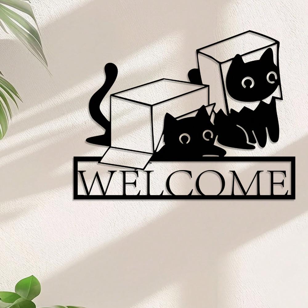 Cute Cat Metal Wall Sculpture Retro Welcome Sign for Garden Terrace Patio Country Home Decor Cat Lover Gift Halloween Christmas