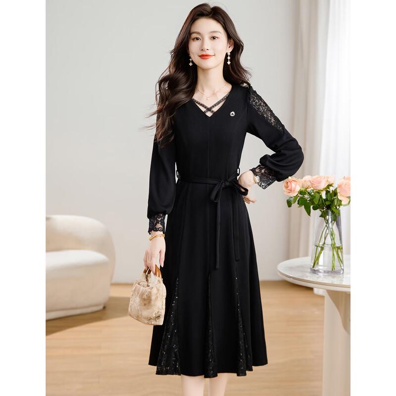 Dámské černé midi šaty s dlouhým rukávem a krajkovým lemem s výřezy