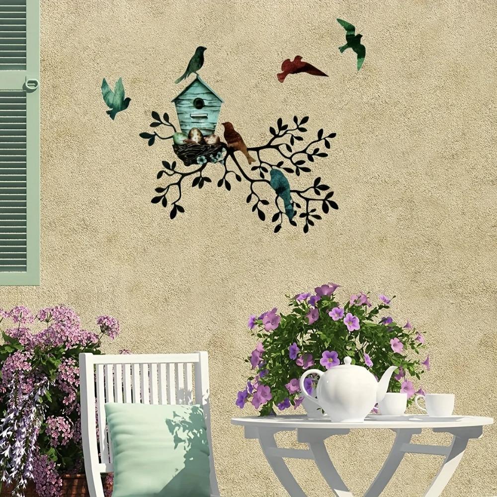 Metall Hängebaum mit Voliere - Wandkunst für den Außenbereich und Vogelanhänger-Dekoration für das Wohnzimmer, Einzigartige hängende Wandkunst