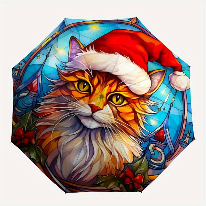 1 Stück Weihnachtskatze Automatischer Faltregenschirm - 3-fach faltbar, Lebhaftes Cartoon-Muster, Geeignet für Outdoor-Aktivitäten, Ein Geschenk für Fans In Allen S