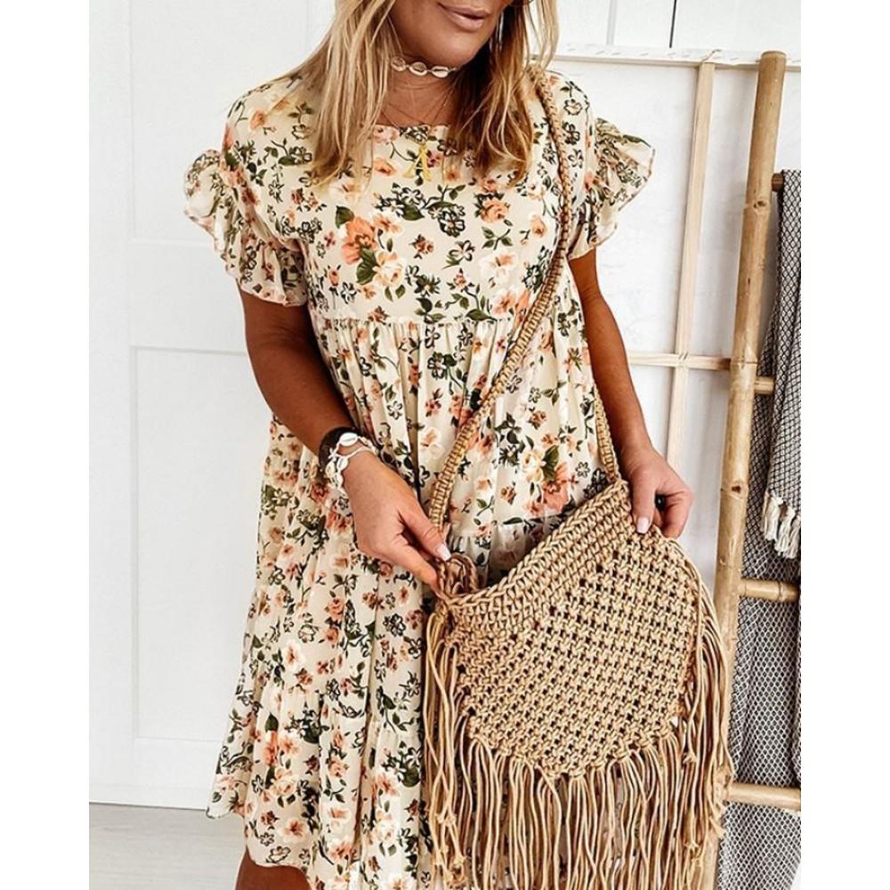 2025 Spring Summer Round Neck Flower Printed Short Sleeve Loose Dress Fashionable and Versatile Trend