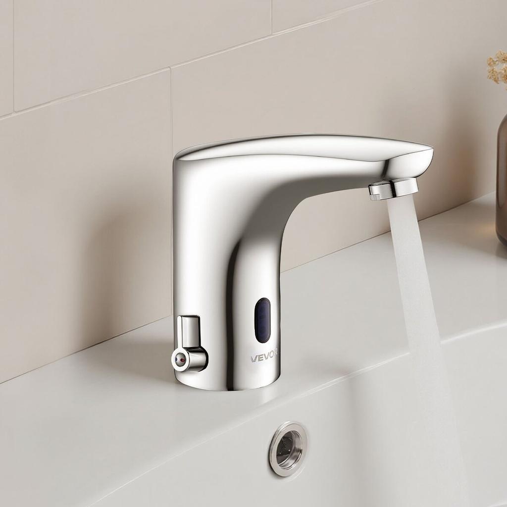 Touchless Bathroom Sink Faucet, Automatic Motion Sensor Restroom Toilet Faucet, Hands-Free Adjustable Cold Hot Single Handle Water Mixer Battery