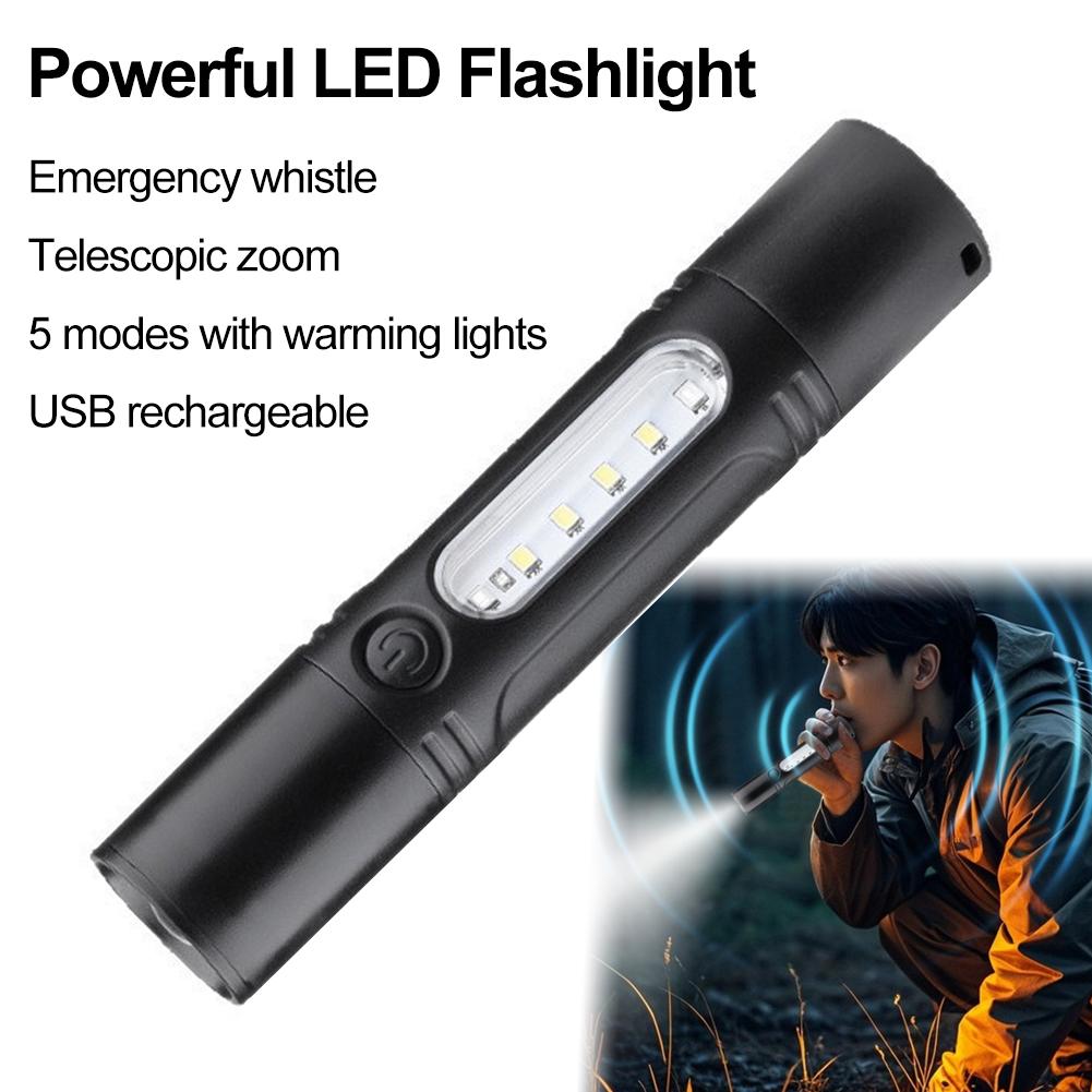Ultra-Bright Rechargeable Flashlight Portable Outdoor Emergency Mini Work Light with White Laser Whistle for Camping Hiking