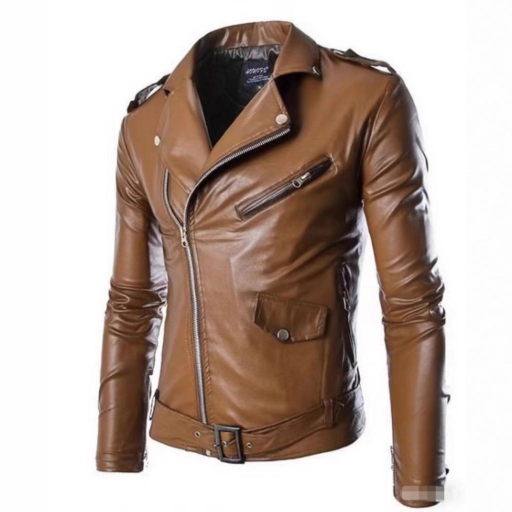 Spring Autumn Men's Leather Jacket Lapel Lace Up Leather Coat High Quality Fashion Casual Motorcycle Jackets Men