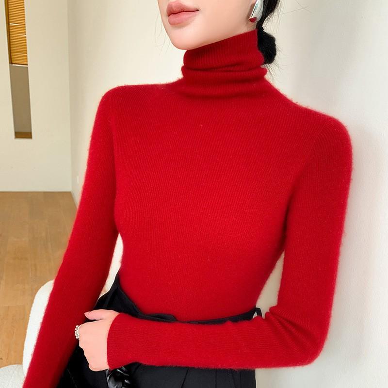 Women's Black Wool Semi-High Neck Base Layer Sweater - Soft, Comfortable, Slimming Fit for Autumn/Winter.