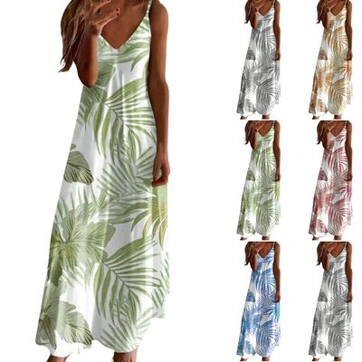Women V Neck Long Sleeveless Sundress with Bohemian Floral Print Loose Fit Spaghetti Strap Summer Maxi Dress for Casual Beach Holiday