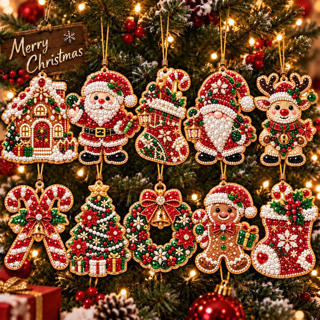 Ornamenti di Natale in Legno, Kit per Pittura con Perle Fai da Te per Adulti, Kit per Diamond Painting di Natale per Adulti, 10 Disegni in Legno con Corda di Canapa