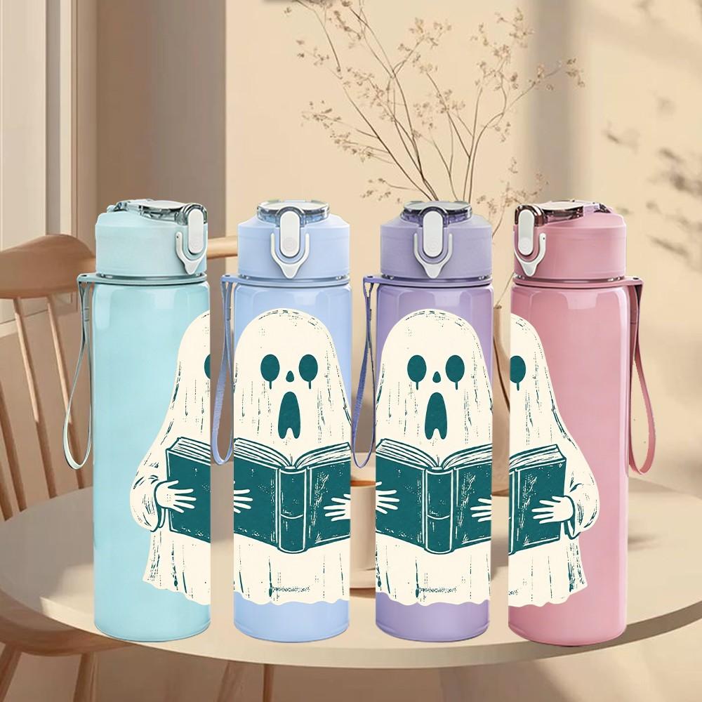 1PC Cute Ghost Reading Book Halloween Print 750ml Color Plastic Sports Water Bottle Leakproof Flip Straw Lid Suitable for Sports Office Home Use