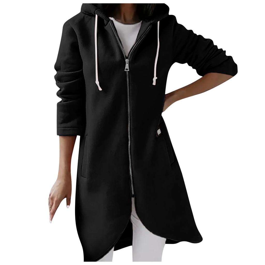 Women's Casual Loose Long-sleeved Zipper Hooded Long Padded Sweatshirt Coat