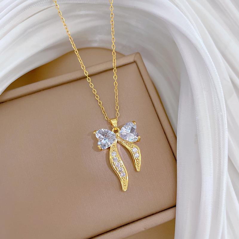 Bow Love Full Diamond Light Luxury Temperament Gorgeous Full Diamond Necklace Female Versatile Collarbone Chain Titanium Steel