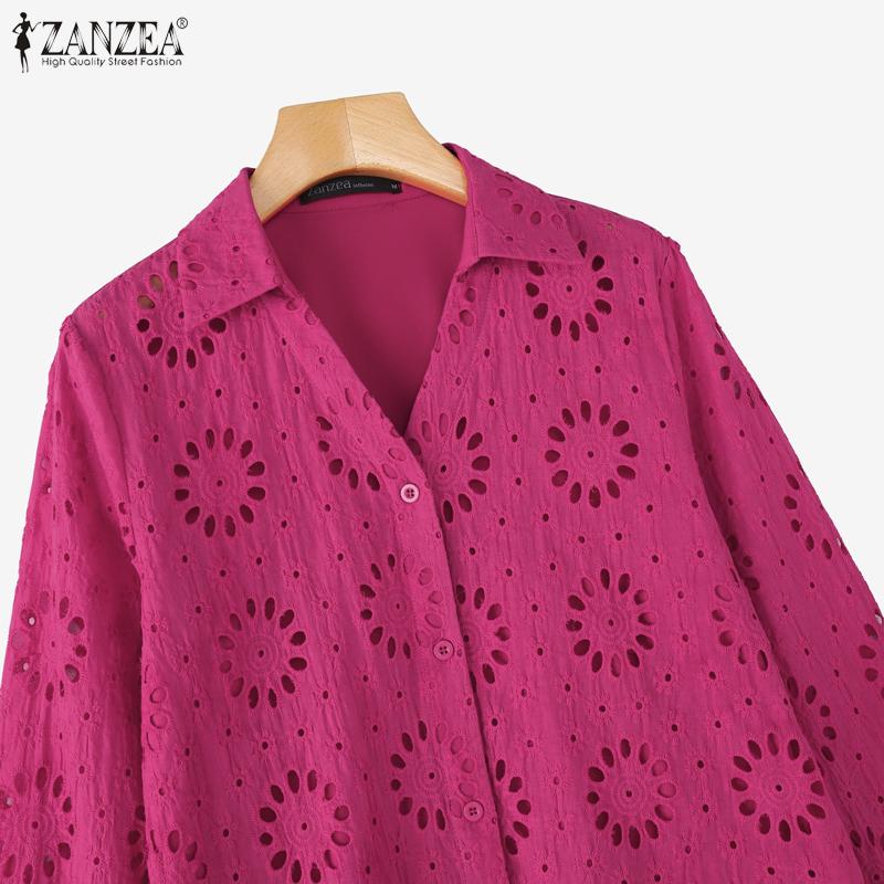 ZANZEA Blusa Casual para Mujer con Cuello Vuelto, Manga 3/4 Holgada, Calada, Patchwork