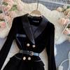 Winter Ladies Suit Collar Temperament British Style Double-breasted Slim Velvet Dress