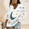 Women Plus Size V Neck Long Sleeve White Star Moon Printed Top Curved Hem With Pockets