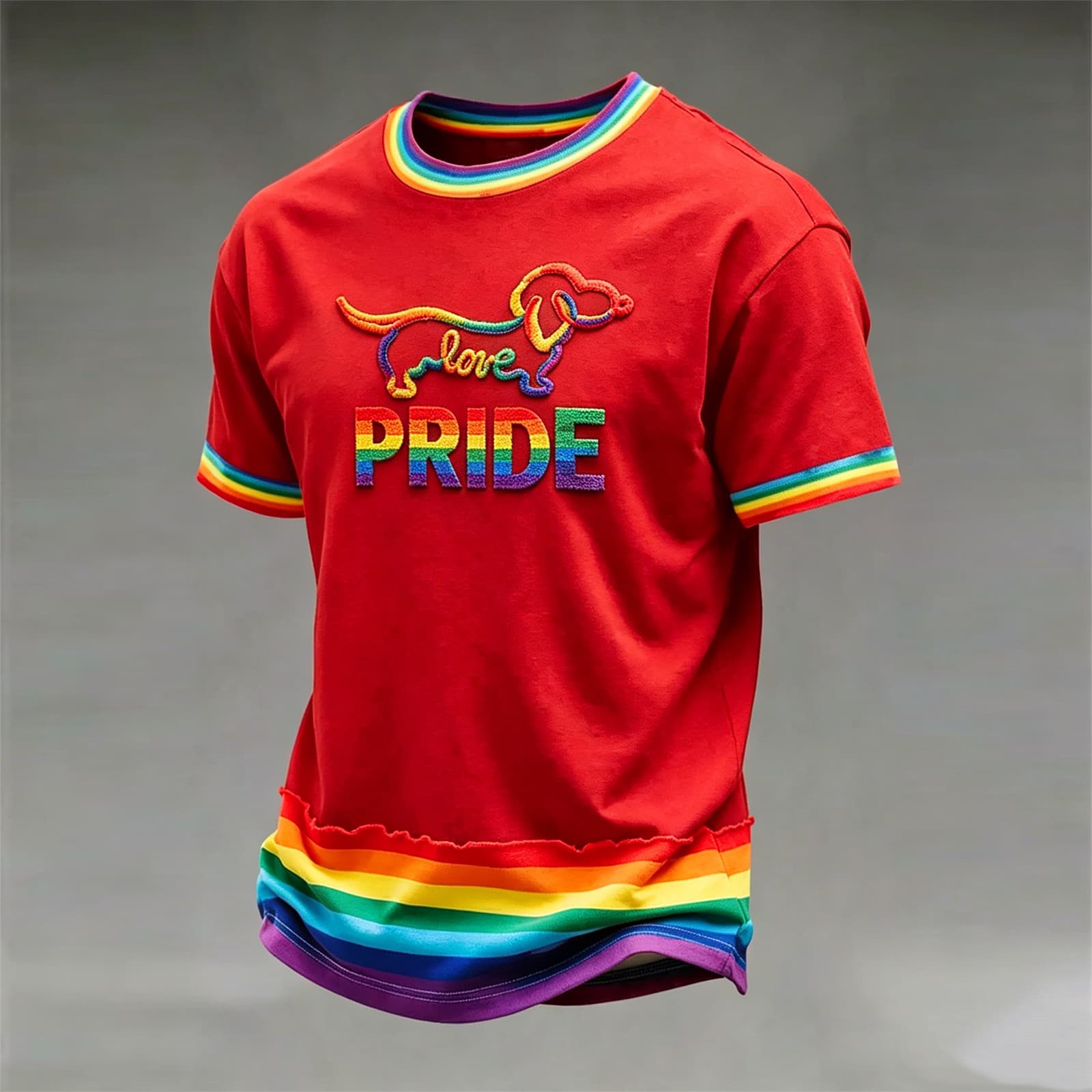 

Unisex Short Sleeve Crewneck T Shirt with Embroidered Love Lettering and Rainbow Hem Trim Design XXL